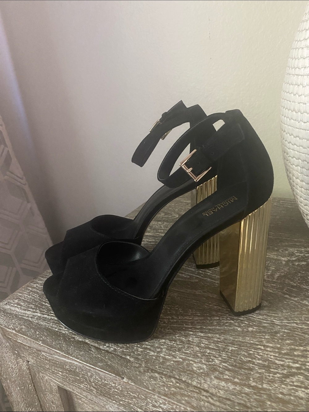 Michael Kors Black Suede Platform Sandals with Gold Block Heel